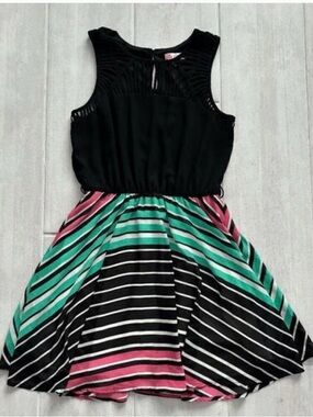 Candie's Black Sleeveless Dress with Pink and Teal Striped Skirt